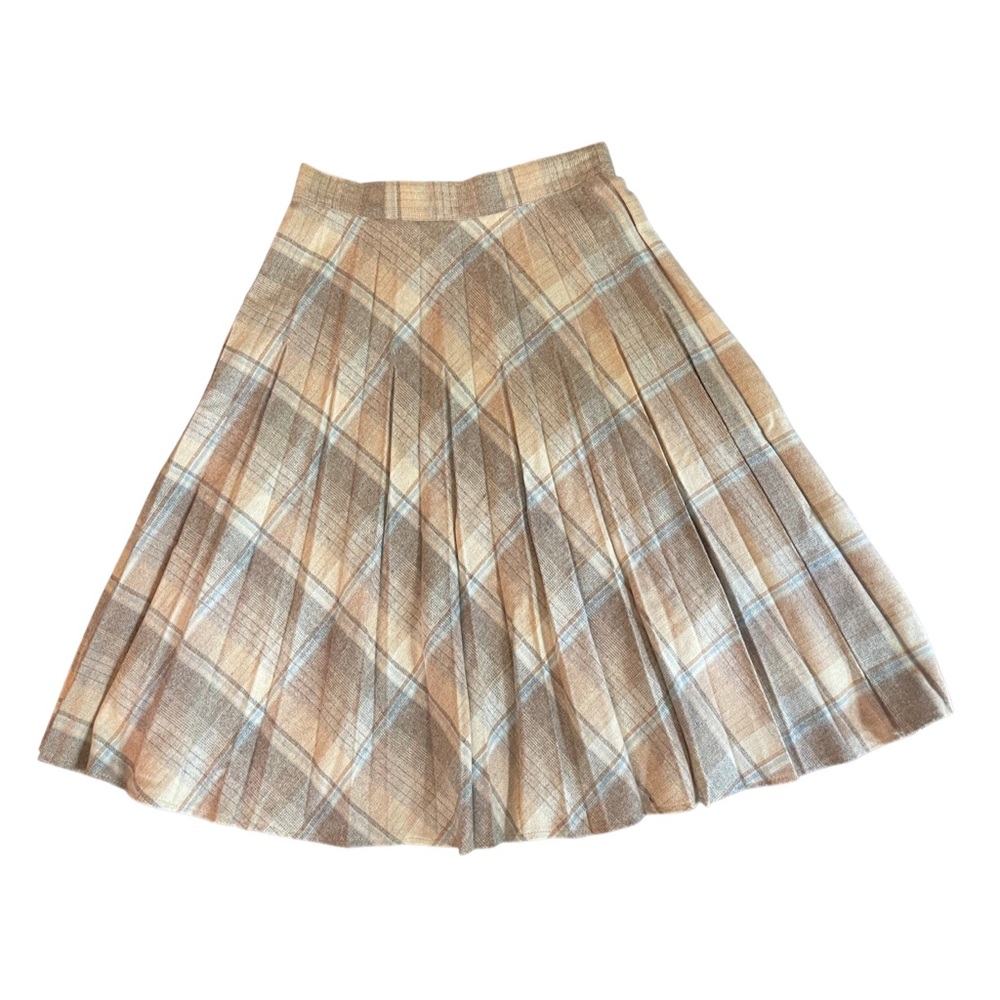 Vintage Beige Plaid Wool Pleated Skirt